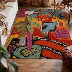 Colorful Abstract Botanical Rug, Maximalist Boho Area Carpet, Floral Art Home Decor