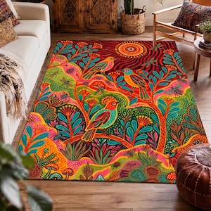 Colorful  Maximalist Area Rug,  Folk Art Carpet, Boho Statement Decor, Vibrant Botanical Flooring