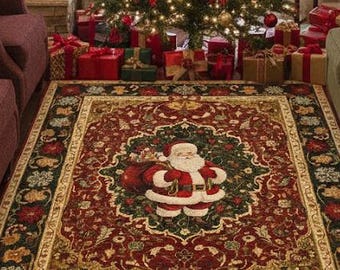 Vintage Christmas Santa Rug, Festive Holiday Decor Washable Carpet, Seasonal Living Room Accent
