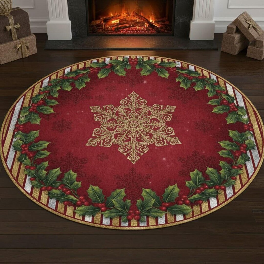 Red & Gold Christmas Rug | Holly Wreath, Snowflake Design - Etsy