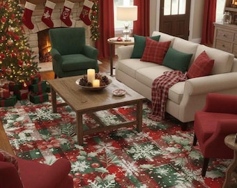 May include: A cozy living room decorated for Christmas. Features a Christmas tree, fireplace with stockings, and a patterned rug with red, green, and white snowflake and berry designs. Red curtains and armchairs complement the festive decor.
