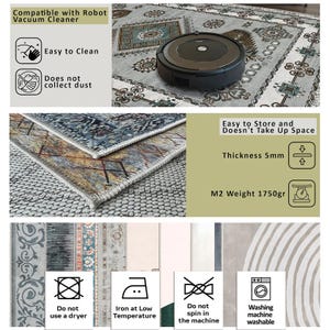 May include: A rectangular area rug featuring a light gray base with intricate brown, blue, and cream geometric patterns. The rug is 5mm thick, weighs 1750gr per square meter, is machine washable, and is compatible with robot vacuum cleaners.