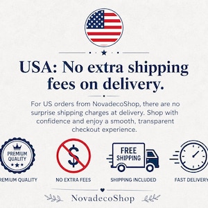 Pu&ograve; includere: Immagine con il testo "USA: Nessun costo di spedizione aggiuntivo alla consegna." e icone per qualit&agrave; premium, nessun costo aggiuntivo, spedizione gratuita e consegna veloce. Il logo NovadecoShop &egrave; in basso.