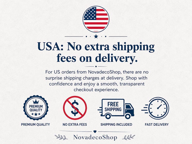 Pu&ograve; includere: Immagine con il testo "USA: Nessun costo di spedizione aggiuntivo alla consegna." e icone per qualit&agrave; premium, nessun costo aggiuntivo, spedizione gratuita e consegna veloce. Il logo NovadecoShop &egrave; in basso.