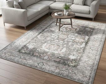 Vintage Distressed Oriental Rug Washable Soft Area Rug Antique Style Decor