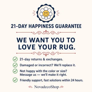 Pu&ograve; includere: Grafica color crema con il testo "21-DAY HAPPINESS GUARANTEE" e "WE WANT YOU TO LOVE YOUR RUG." Include un logo a margherita e punti elenco su resi, sostituzioni e supporto. Il logo NovadecoShop &egrave; in basso.