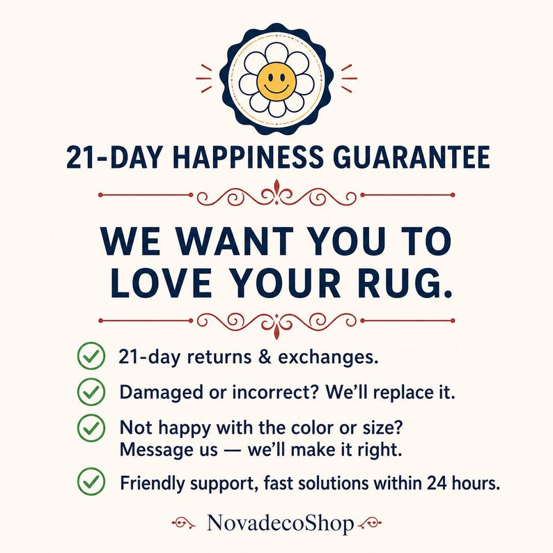 Pu&ograve; includere: Grafica color crema con il testo "21-DAY HAPPINESS GUARANTEE" e "WE WANT YOU TO LOVE YOUR RUG." Include un logo a margherita e punti elenco su resi, sostituzioni e supporto. Il logo NovadecoShop &egrave; in basso.