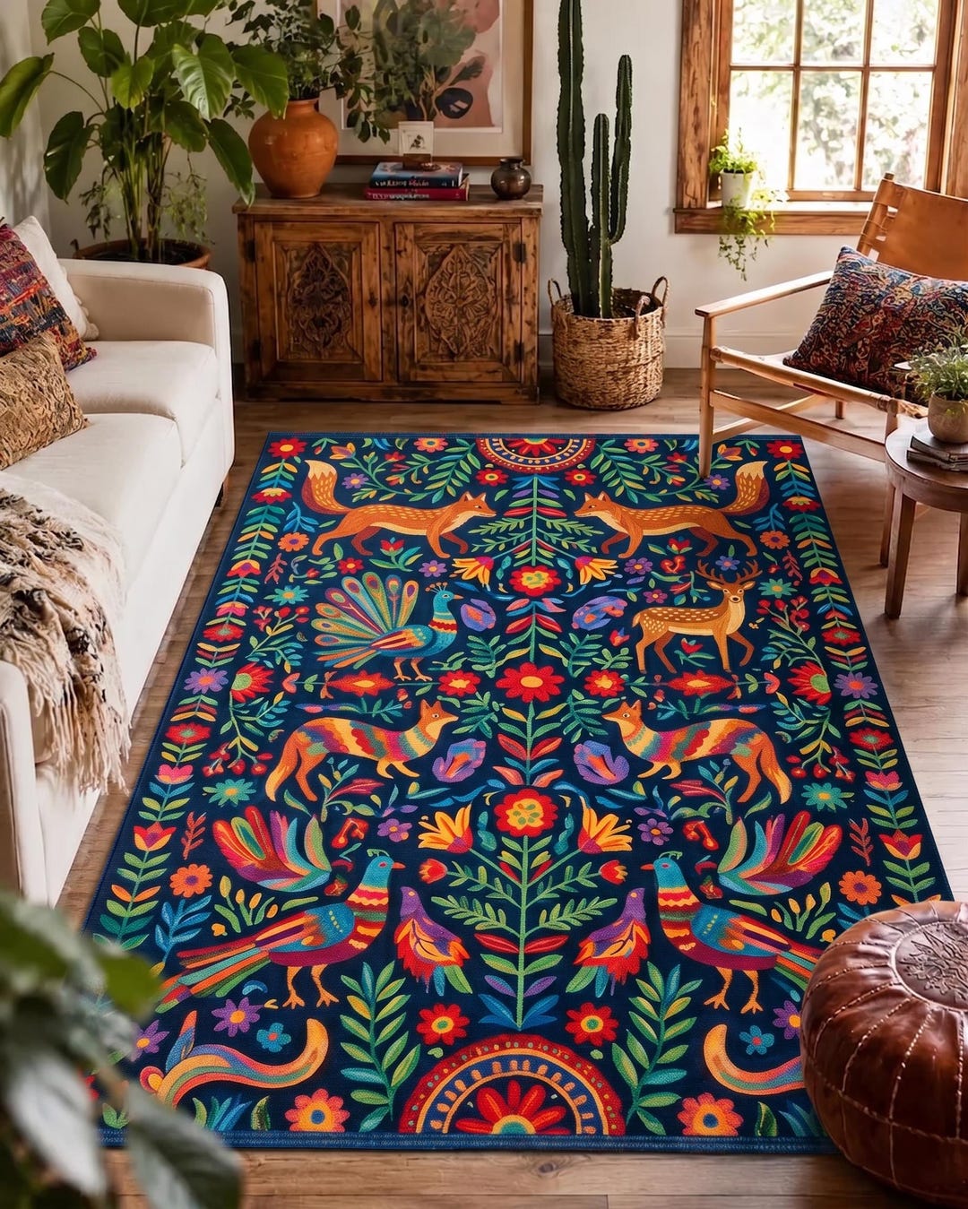 Colorful Woodland Animal Rug, Maximalist Folk Art Carpet, Eclectic Boho ...
