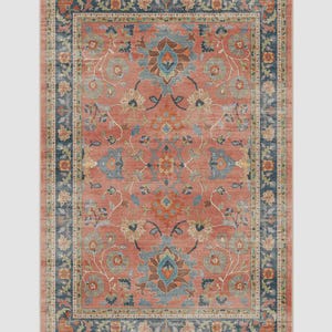 Pu&ograve; includere: Tappeto rettangolare con motivo floreale nei toni del corallo, blu e beige. Il tappeto presenta un design a medaglione centrale e un bordo con intricati motivi floreali. La palette di colori e il design del tappeto creano un'estetica vintage.