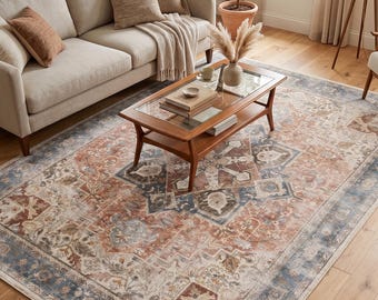 Tappeto Oushak color terracotta blu anticato, tappeto persiano con medaglione per soggiorno