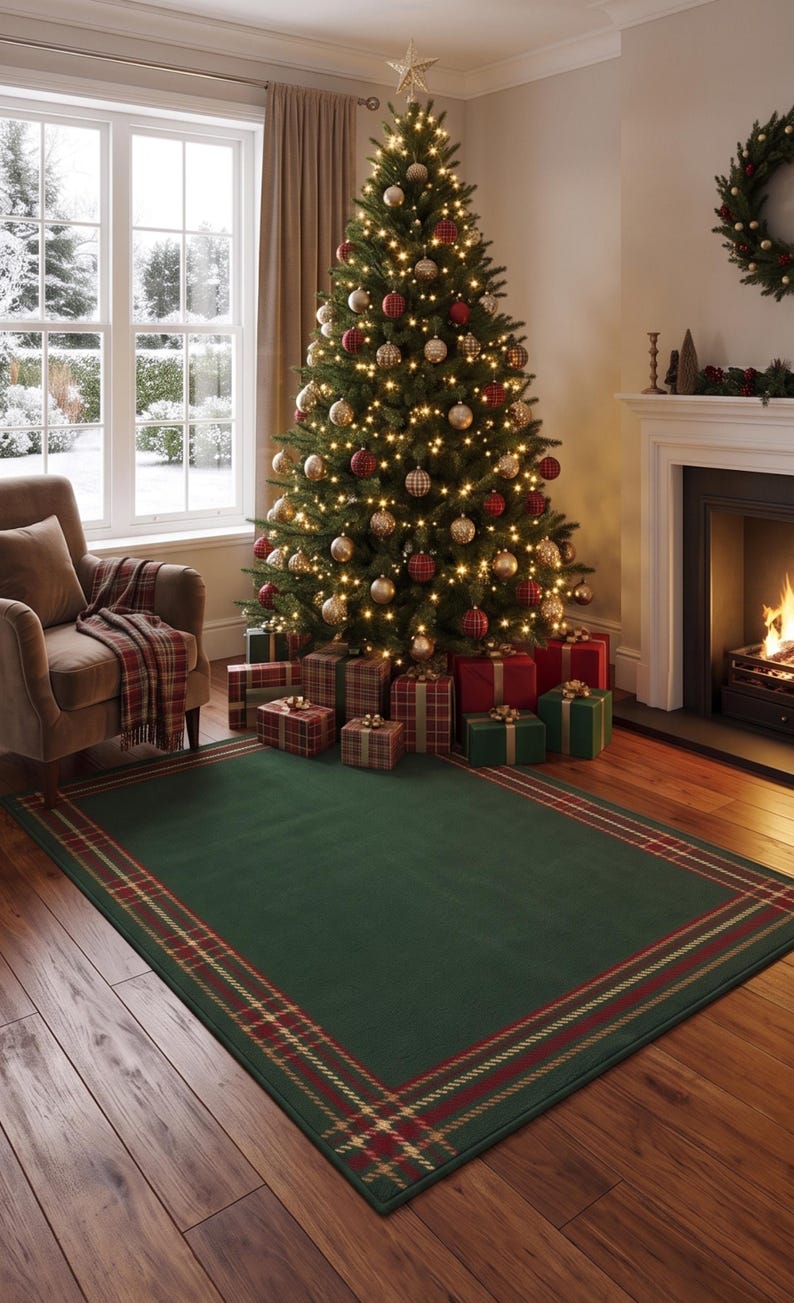 May include: A rectangular area rug featuring a solid dark green center with a decorative border consisting of red, gold, and dark green plaid patterns. The rug is positioned on a wooden floor in a room with a Christmas tree and a fireplace.