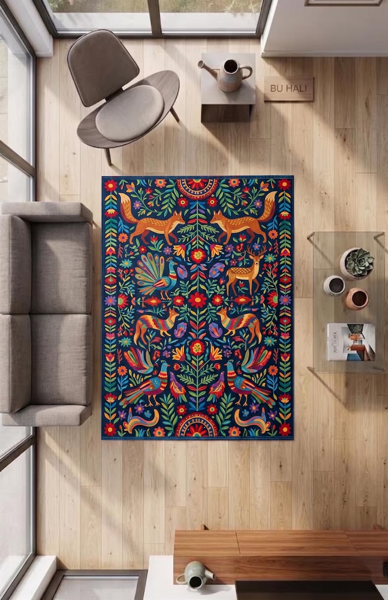 Folk Pattern Rug Colorful Woodland Animal Rug, Maximalist Folk Art Carpet, Eclectic Boho ...