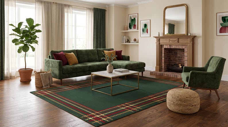 May include: A rectangular area rug featuring a deep green base with a prominent plaid border pattern in red, gold, and white lines. The rug is positioned on a wooden floor in a living room setting, centered beneath a white marble coffee table.