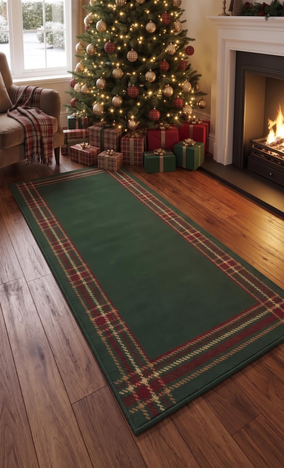 Green Plaid Christmas Runner | Tartan Holiday Kitchen Rug
