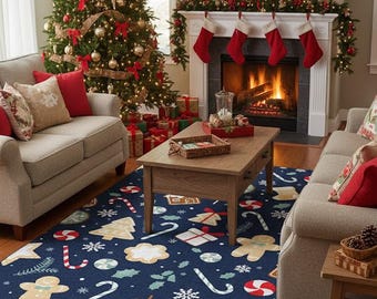 May include: A cozy living room decorated for Christmas. A decorated Christmas tree, a fireplace with stockings, and a blue rug with Christmas-themed patterns are visible. Two sofas and a coffee table complete the scene.