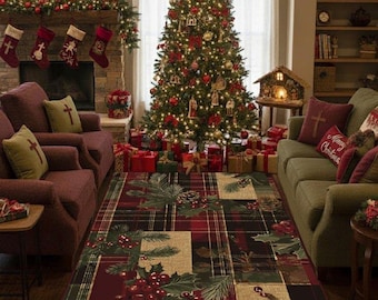 May include: A decorated Christmas tree with red and gold ornaments, lights, and a star topper. The room features a plaid rug, a fireplace with stockings, and wrapped gifts. The scene evokes a festive holiday atmosphere.
