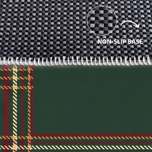 May include: A dark green rug featuring a red and yellow plaid pattern along the edge. The top section shows a close-up of the textured black and gray non-slip base with white text that reads NON-SLIP BASE and a white arrow pointing to it.