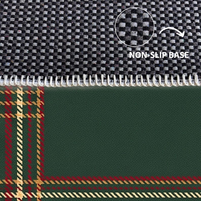 May include: A dark green rug featuring a red and yellow plaid pattern along the edge. The top section shows a close-up of the textured black and gray non-slip base with white text that reads NON-SLIP BASE and a white arrow pointing to it.
