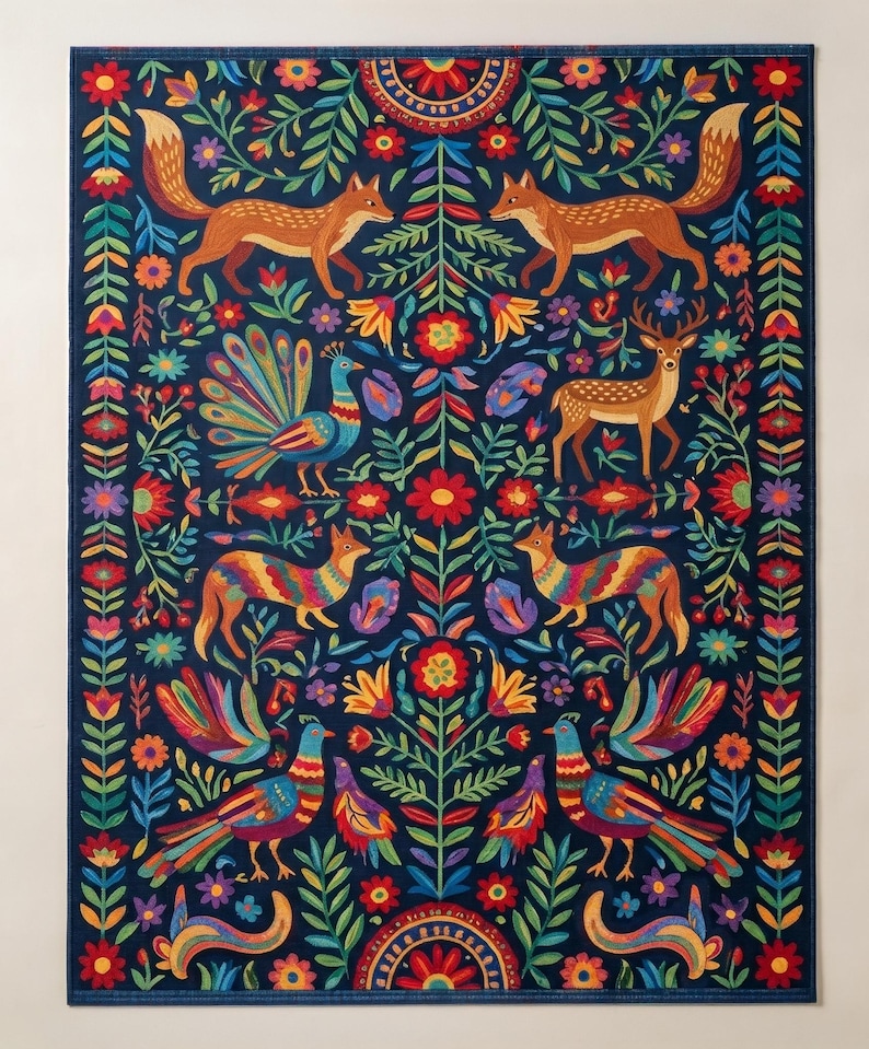 Colorful Woodland Animal Rug, Maximalist Folk Art Carpet, Eclectic Boho ...