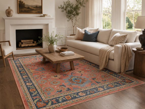 Terracotta Blue Vintage Persian Rug, Washable Floral Boho Area Rug, Low Pile Carpet