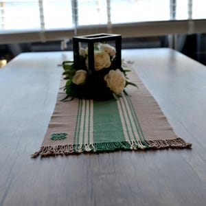 Green Akrepeli Handwoven Table Runner, Ethnic Striped Wool Cloth, Boho Rustic Dining Decor