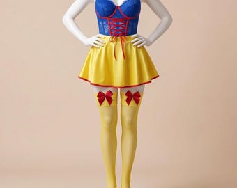 May include: A blue lace corset top with red trim and a front lace-up detail, paired with a yellow flared mini skirt featuring a red hem. The outfit includes yellow thigh-high stockings with yellow lace trim and large red bows at the top.