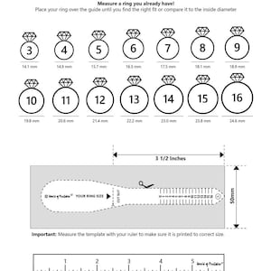 May include: A white ring chart and sizer with ring sizes 3-16, including their millimeter measurements. The chart also includes a ring sizer template with a ruler and the text "YOUR RING SIZE". The text "RING CHART & SIZER" is at the top.