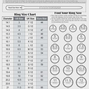 May include: Ring size chart with US, UK, and Euro sizes. Includes a printable ring sizer and instructions for measuring finger size. Features a chart with ring diameters and corresponding sizes.