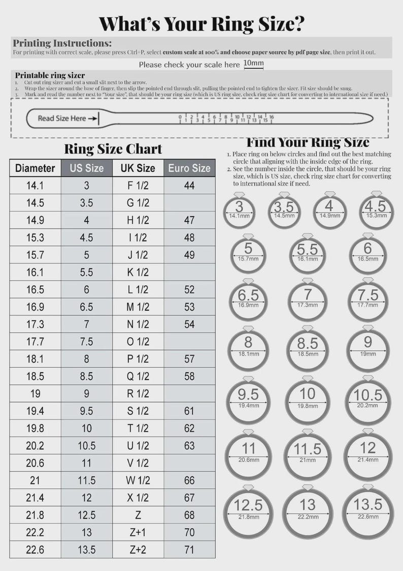 K&ouml;nnte beinhalten: Ringgr&ouml;&szlig;entabelle mit US-, UK- und Euro-Gr&ouml;&szlig;en. Enth&auml;lt einen druckbaren Ringgr&ouml;&szlig;enmesser und Anweisungen zum Messen der Fingergr&ouml;&szlig;e. Enth&auml;lt eine Tabelle mit Ringdurchmessern und entsprechenden Gr&ouml;&szlig;en.