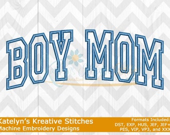 May include: Machine embroidery design for a boy mum. The design features the words "BOY MOM" in a blue and white colour scheme with a stitched outline.