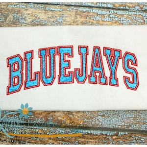 Pode incluir: Blue Jays bordado em um tecido branco com pontos vermelhos e azuis.