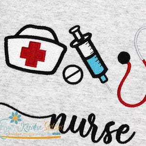 May include: Embroidered design of a nurse's hat, a syringe, a stethoscope, and the text "nurse life".