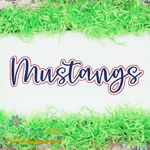 May include: Embroidered design of the word "Mustangs" in a blue cursive font with a red outline.