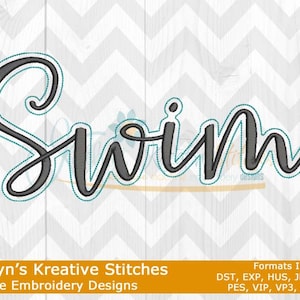 May include: A machine embroidery design with the word "Swim" in a cursive font. The word is dark grey with a teal outline, set against a white and grey chevron pattern. The design includes the text "Katelyn's Kreative Stitches" and embroidery formats.