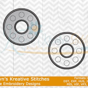 May include: Two machine embroidery designs of a spool with a central hole and surrounding circles. The designs are black and gray on a white and gray chevron background. The text "Katelyn's Kreative Stitches" is at the bottom.