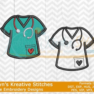 May include: Two embroidery designs of a medical scrubs top with a stethoscope and a heart on the pocket. The designs are in teal and white.