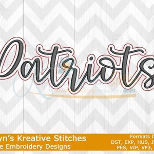 May include: Machine embroidery design of the word "Patriots" in a gray cursive font with a red outline. The design is for use with embroidery machines.