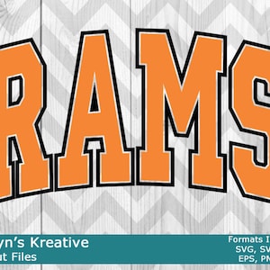 May include: A digital download of a vector graphic design featuring the word "RAMS" in a bold, black outlined font with an orange fill. The design is perfect for creating custom apparel, signs, or other crafts.