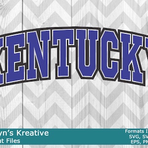 May include: A blue and black graphic design of the word "KENTUCKY" in a bold, blocky font. The design is set against a white background with a chevron pattern.