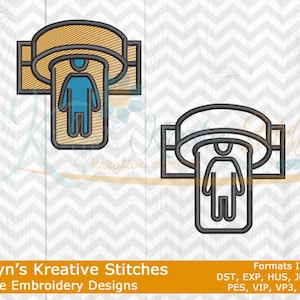 Puede incluir: Dos diseños de bordado a máquina que muestran una persona estilizada dentro de un marco. Un diseño es en color, con una figura azul y detalles en beige. El otro es un contorno negro. El texto "Katelyn's Kreative Stitches" está en la parte inferior.