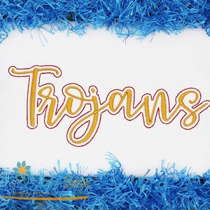 May include: Gold and red embroidered word "Trojans" on a white background.