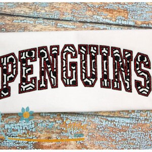 May include: Embroidered "PENGUINS" in a black and white geometric pattern with a red outline. The letters are in a bold, blocky font.