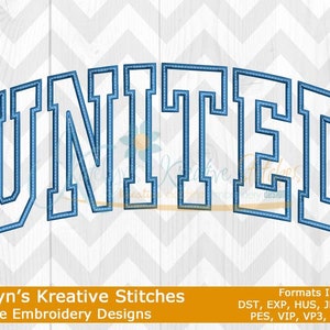 May include: Machine embroidery design of the word "UNITED" in a blue and white arched font style. The design is suitable for use on clothing, towels, or other fabric items.