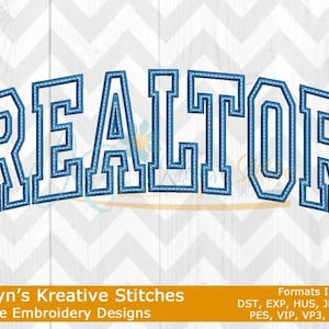 May include: Machine embroidery design of the word "REALTOR" in a blue and white stitched font. The design is perfect for creating personalized gifts for real estate agents or for use in marketing materials.