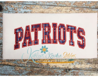 May include: Red, white, and blue plaid "PATRIOTS" text in a varsity-style font. The text is outlined in red and blue stitching.