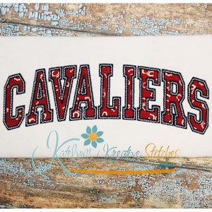 May include: Embroidered design of the word "CAVALIERS" in a red and blue bandana pattern with a navy blue outline. The design is on a white background.