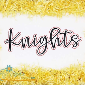 May include: Black and red embroidered design of the word "Knights" on a white background.