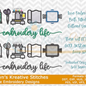K&ouml;nnte beinhalten: Illustration mit Sticksymbolen: Garnrollen, Schere, N&auml;hmaschine, Stoff und Stickrahmen. Der Text "embroidery life" ist kursiv geschrieben. Der Text enth&auml;lt "Katelyn's Kreative Stitches Machine Embroidery Designs" und Stickrahmengr&ouml;&szlig;en.