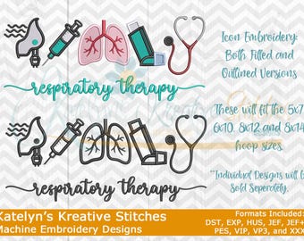 Könnte beinhalten: Maschinenstickmuster mit medizinischen Symbolen, darunter ein Vernebler, eine Spritze, Lungen, ein Inhalator und ein Stethoskop. Der Text "respiratory therapy" ist ebenfalls enthalten. Die Designs sind in gefüllten und umrissenen Versionen erhältlich.