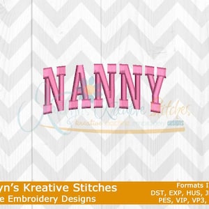 May include: Pink embroidery design for a machine embroidery project. The design says "NANNY" in a bold, blocky font. The design is available in multiple formats, including DST, EXP, HUS, JEF, JEF+, PES, VIP, VP3, and XXX.
